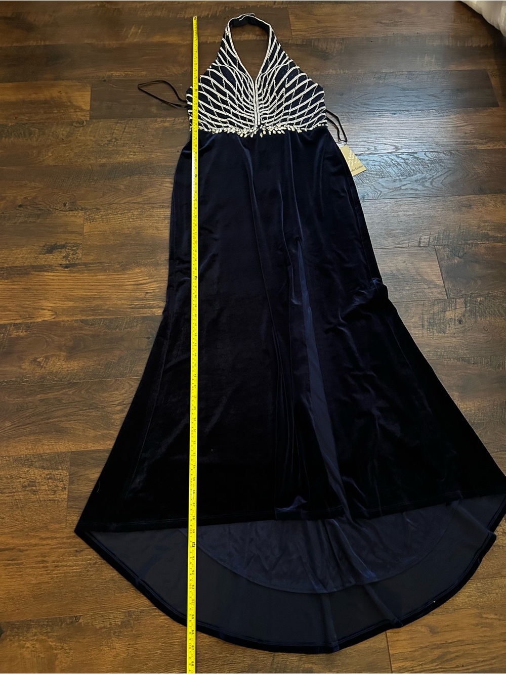 Amelia Couture Navy Velvet Halter Formal Dress with Beaded Bodice - Picture 14 of 16